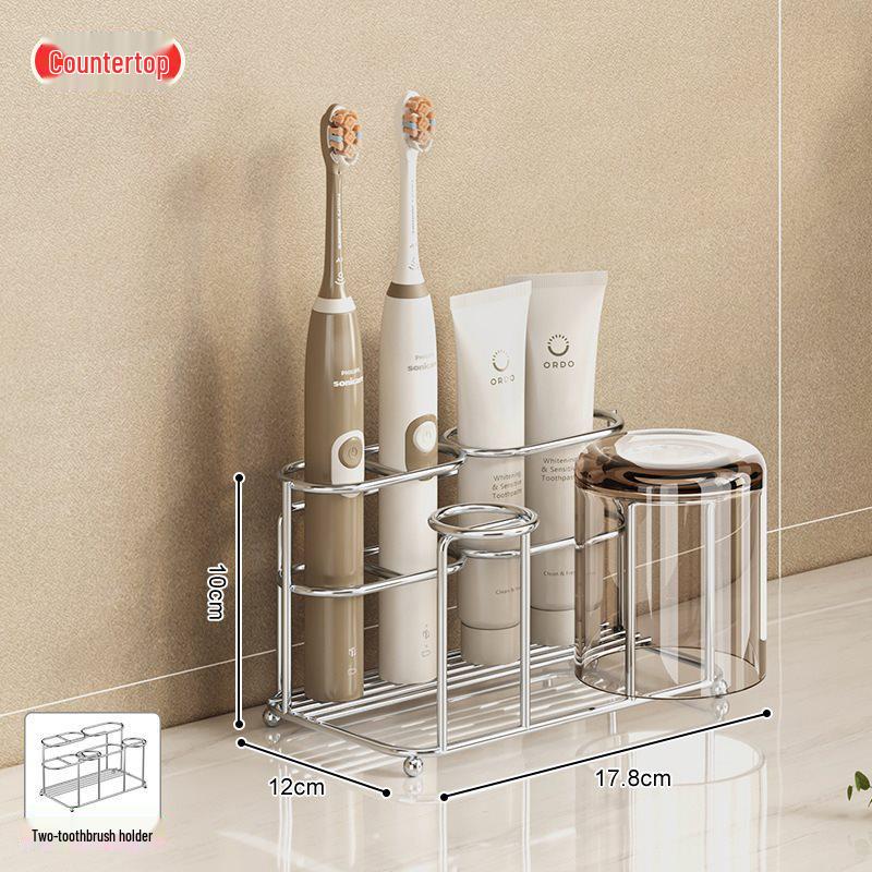 Nástěnný nerezový držák na zubní kartáčky s kelímkem na vyplachování a poličkou