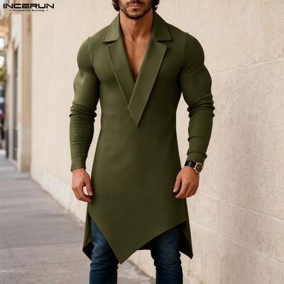 Men's Lapel V Neck Long Sleeve Patchwork Fitted Irregular Long T-shirts Tops