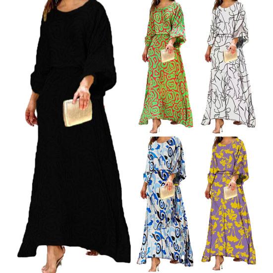 2 Pcs/Set Women Top Skirt Set Contrast Color Print Three Quarter Sleeve Loose Round Neck High Waist Ankle Length Soft Lady