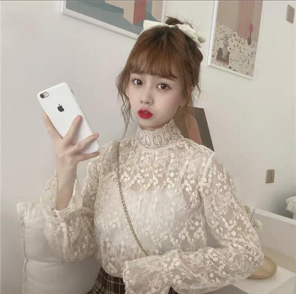 A/W 2026 Women's Stylish Mesh Lace Shirt with Bell Sleeves and Half-High Collar