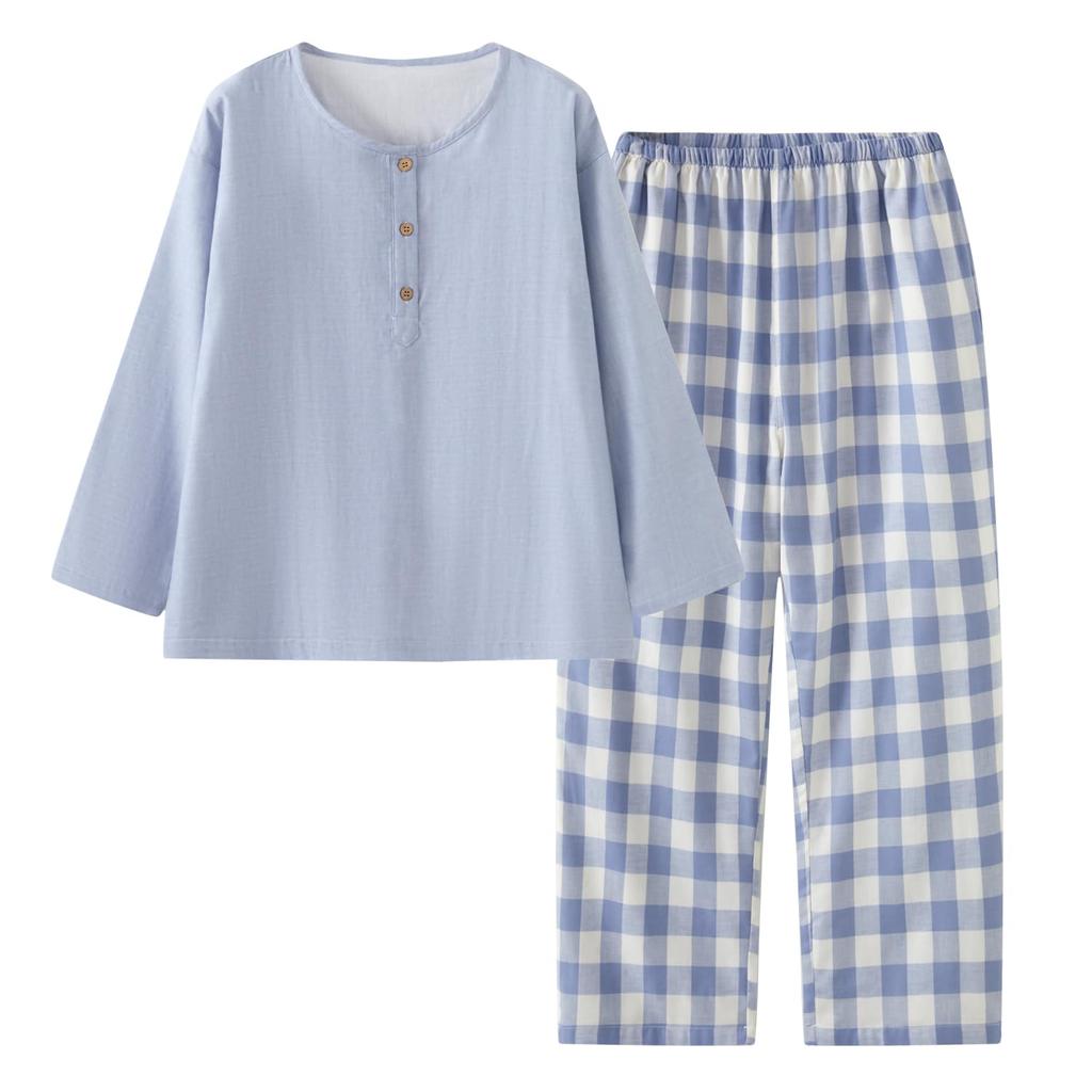 Euyqs Cotton Pajama Long Sleeve Henley Top and Loungewear Light Blue Check Set, Pants, (JP, Alphabet, XL, Pattern)