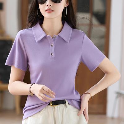 Γυναικείο T-shirt με κοντά μανίκια και βαμβακερό πέτο με κλωστή 2024, νέο στυλ, μεγάλο μέγεθος, χαλαρό, casual, αθλητικό T-shirt με μισό μανίκι