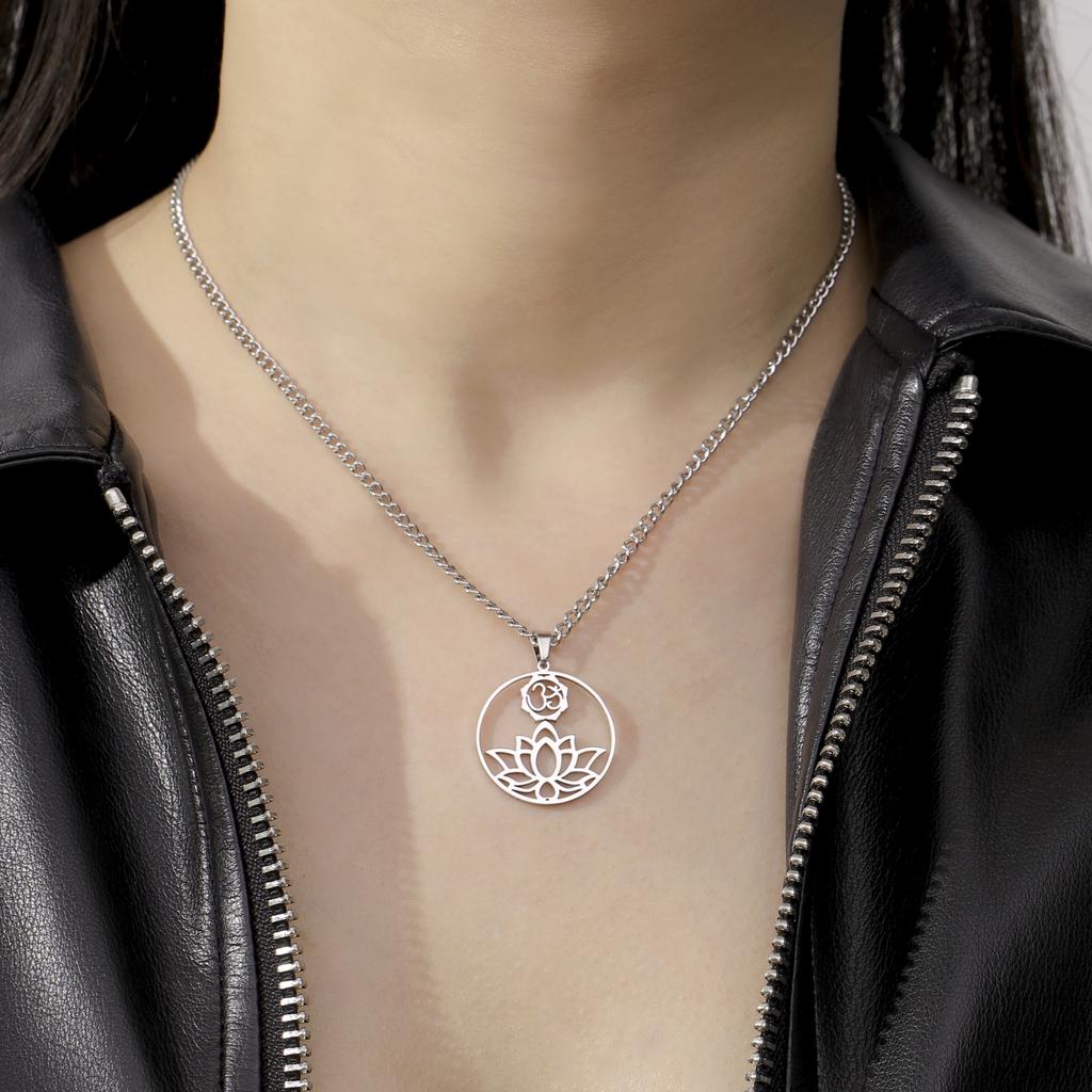 Lemegeton Lotus Necklace for Women Yoga Flower Spiritual Stainless Steel Jewelry Vintage Pendant Necklaces Accessories Gift