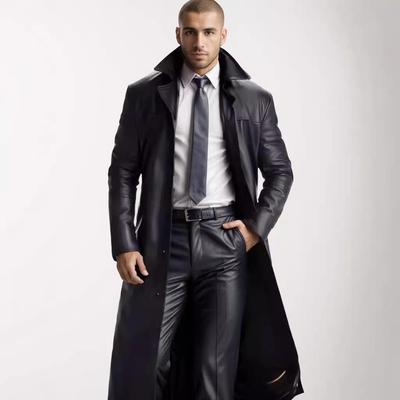 Men's Stylish Long PU Leather Trench Coat Slim Fit Clothes Sale