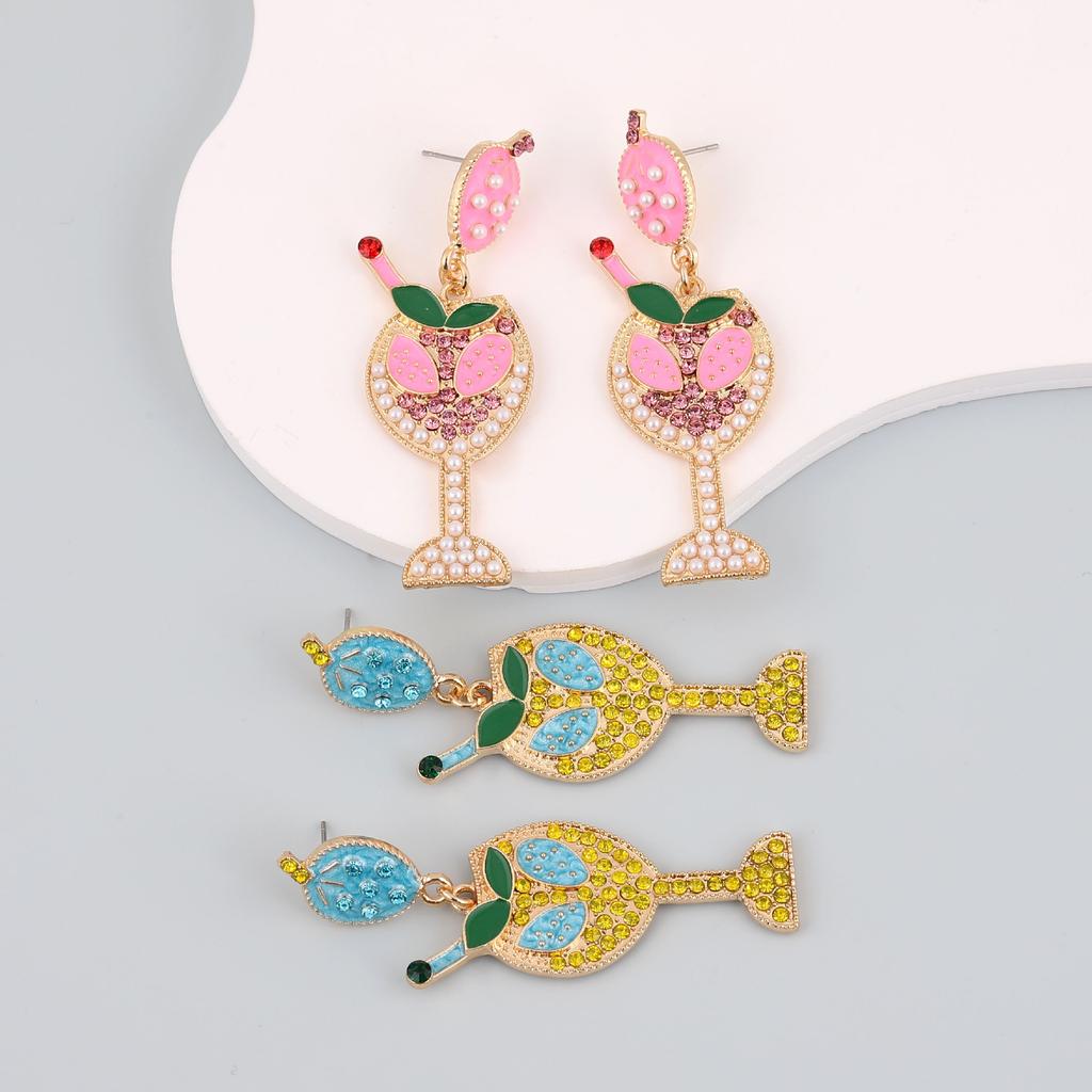 European and American New Cute Color Drip Oil Fashion Strawberry Wine Glass Earrings Pearl Alloy Diamond-encrusted Goblet Earrings Women