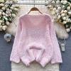 Autumn Winter Women Sweet V-neck Soft Furry Mohair Rhinestone Knitted Sweater Christmas Pullover Tops