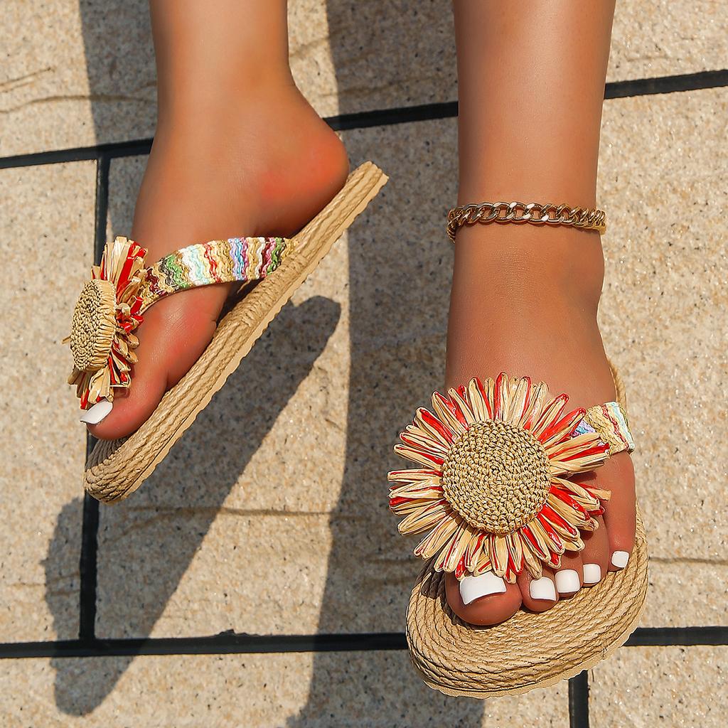 Women's fashion trend Linen multi-color sunflower anti-slip wear soft sole flat flip-flops