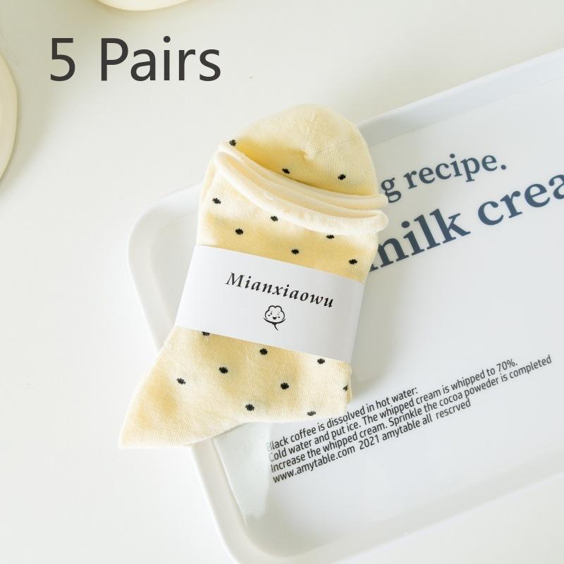 5 Pairs of Female Summer Thin Student Curled Brim Polka Dot Mid Tube Pile Socks