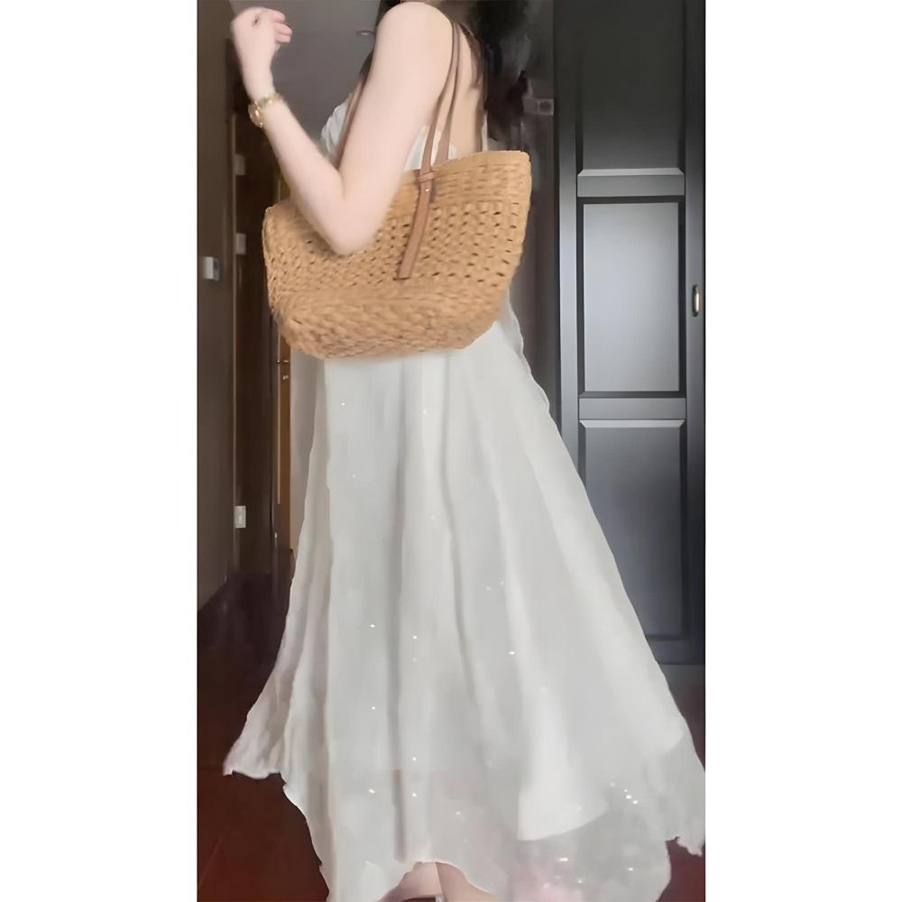 On the Run Princess Dress Luoyue Flower God Solid Color Big Halter Neck Suspender Dress Women's Casual Strap Long Dress