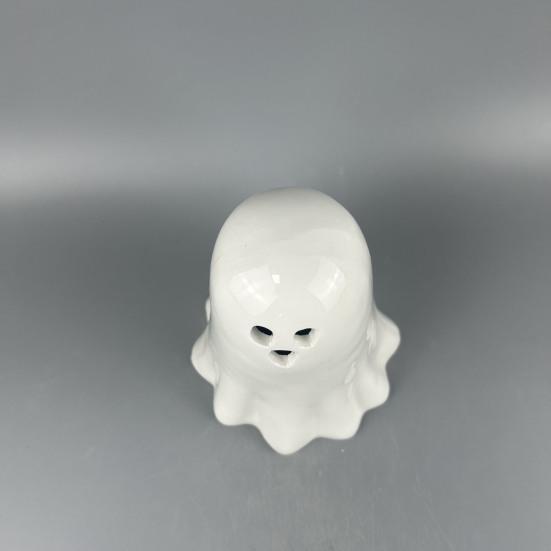 Desktop Atmosphere Light Ceramic Hollow Ghost Night Light, Cute Halloween LED Glow Decorative Window Ornaments Lamp, White Ceramics Figurine