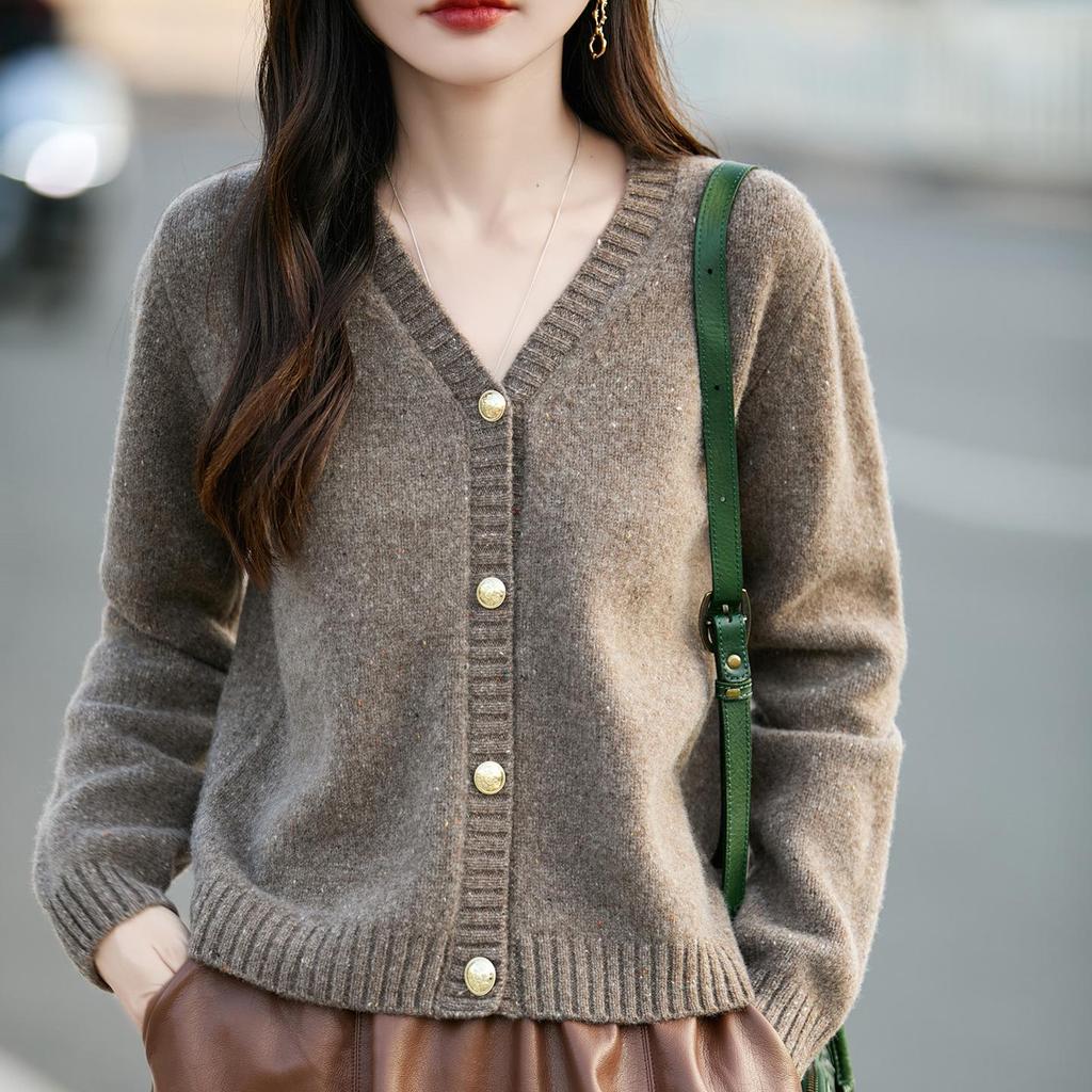 Women's Slim-Fit Wool V-Neck Knit Cardigan Sweater with Long Sleeves - Autumn/Winter Style