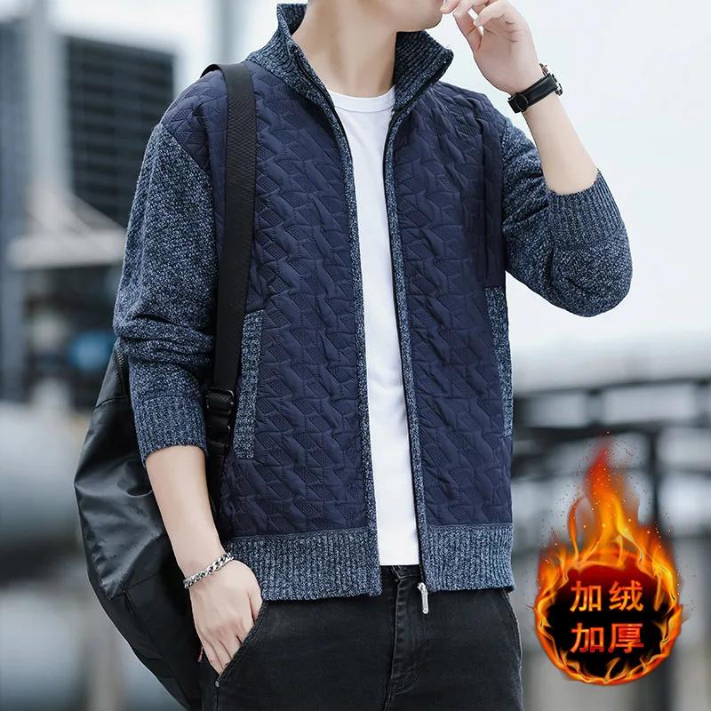 

Stand-up Collar Sweater Jacket Versatile Velvet Zipper Cardigan Autumn and Winter New Men s Casual L синій