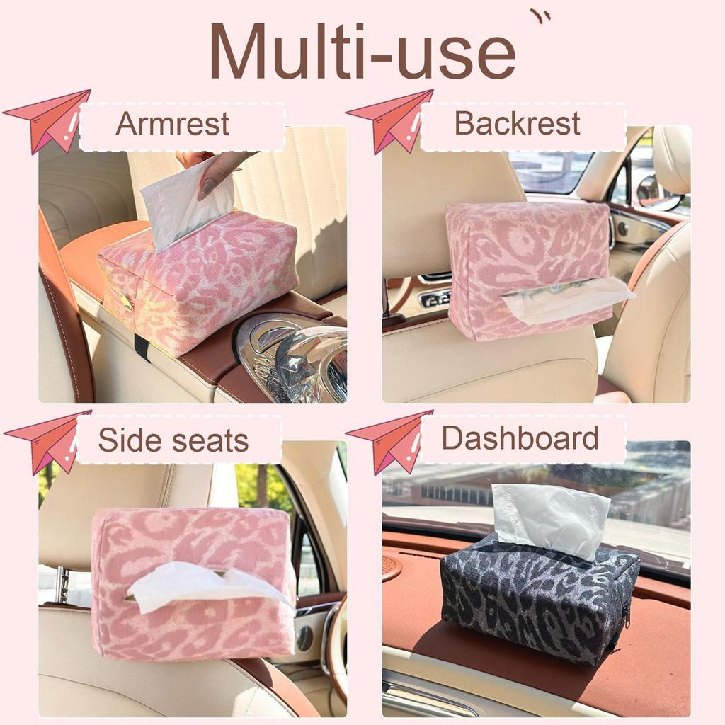 Universal Leopard Print Car Tissue Box Zippered Holder for Headrest or Dashboard Multifunctional Auto Organizer for All Vehicles