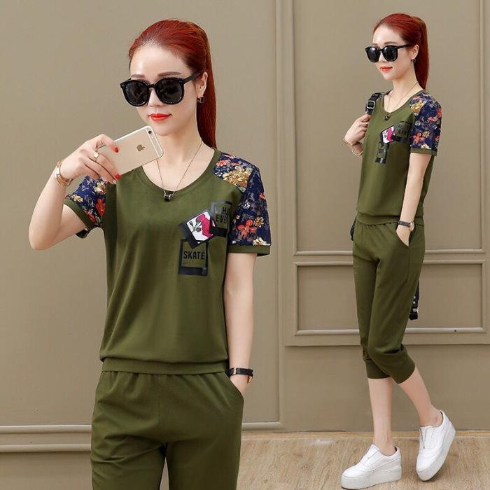 Women's Korean-Style Loose Fit Sports Suit - Short Sleeve, Capri Pants, Plus Size, Casual Running Wear for Spring/Summer 2021