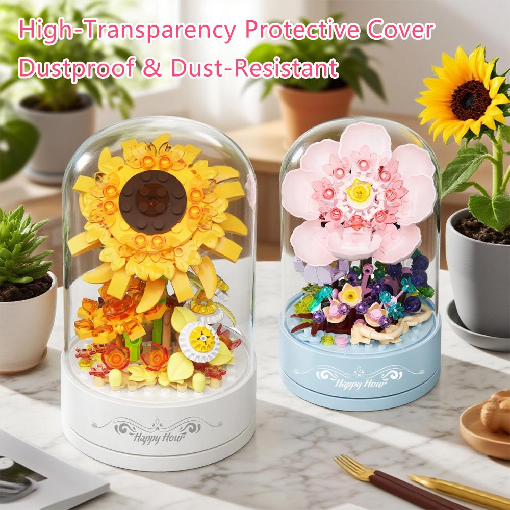 3D Moc Block-Assembled Plastic Flower Carousel Music Box - Sunflower Rose Cake Ferris Wheel Gift For Adults  Girls