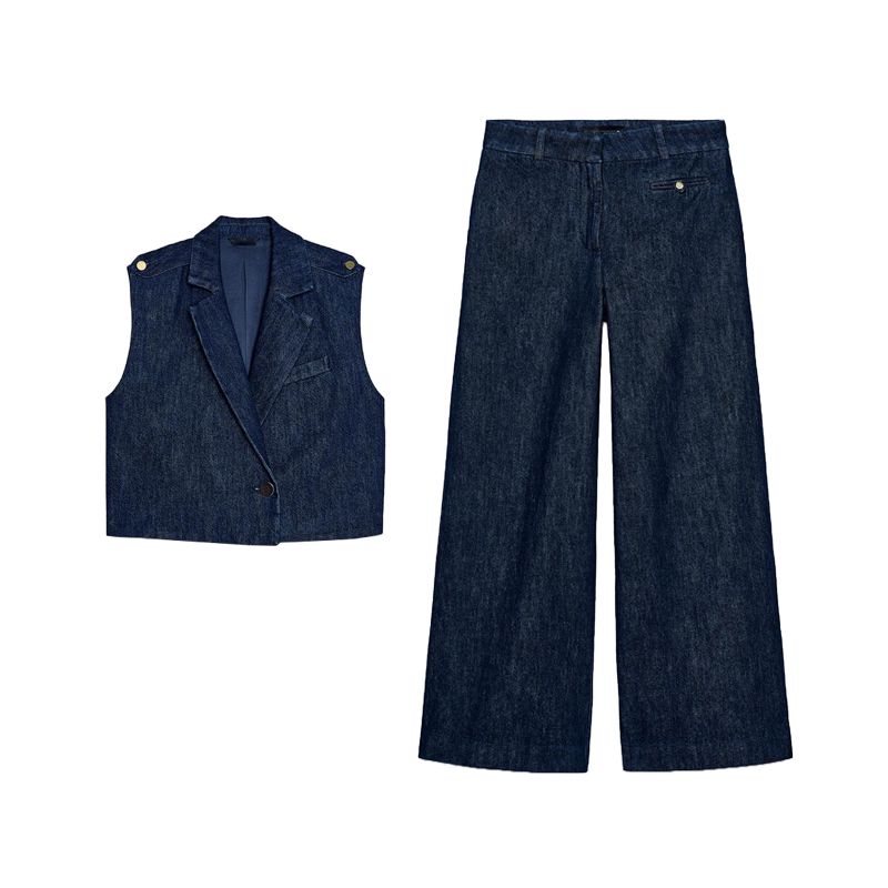 Women's Spring Clothing High Waist Wide Leg Jeans 2412040 Lapel Sleeveless Short Denim Vest 2413040