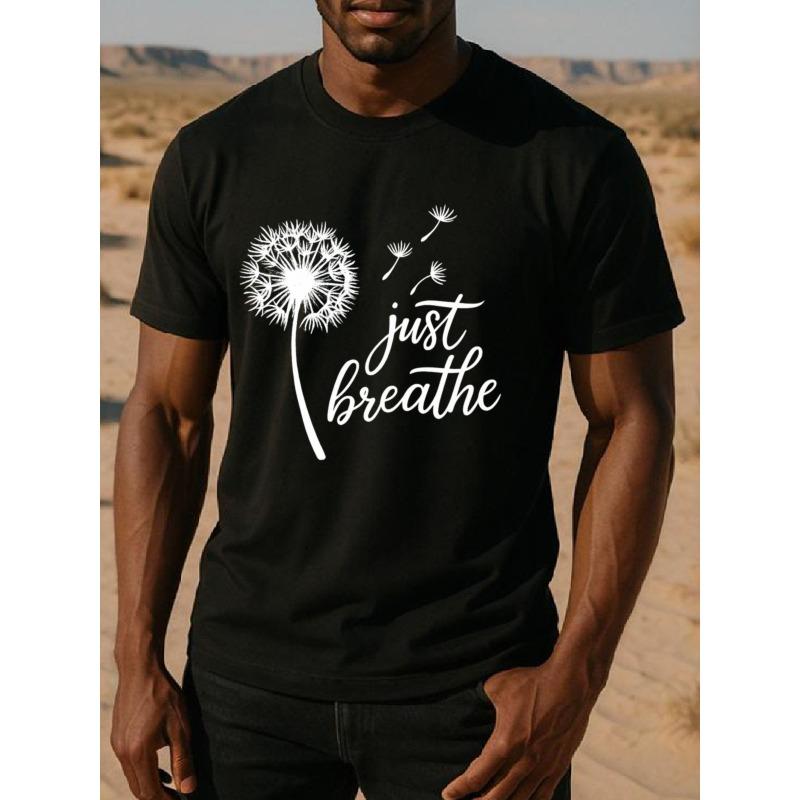 

European Size Just Breathe Healing Dandelion Men s Printed Short-sleeved Shirt, Simple Knitted Pure Polyester T-shirt, Regular Sweat-absorbing 4XL