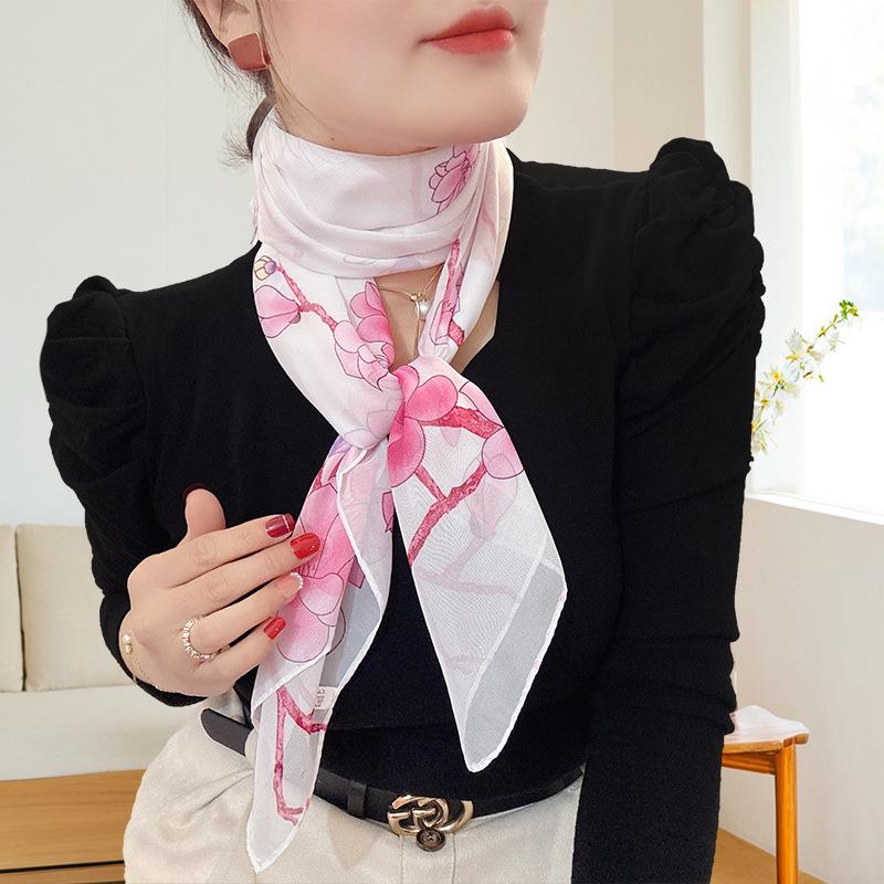 Large 95cm Square Korean Silk Chiffon Scarf for Women - Printed Neck or Head Scarf