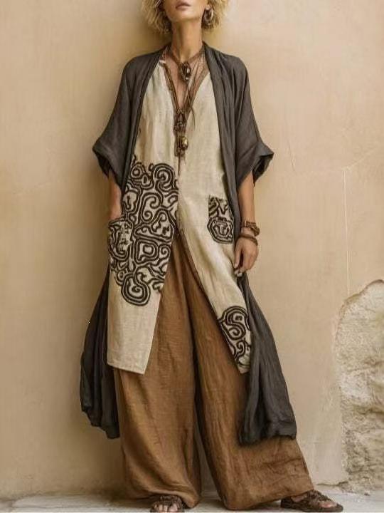 2026 new bohemian V-neck printed long dress loose sunscreen blouse seaside vacation beach dress S