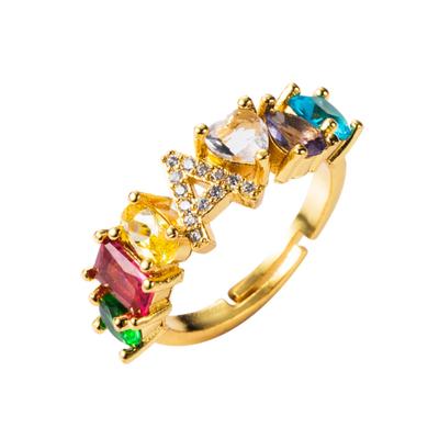 Offener Ring mit eingelegtem Buchstaben, Unisex, Regenbogen-Zirkonia, verstellbarer Schmuck, Geschenk