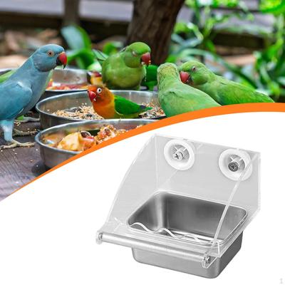 Mangeoire pour oiseaux pour accessoires de cage Bol transparent en acier inoxydable avec support perchoir Facile à nettoyer