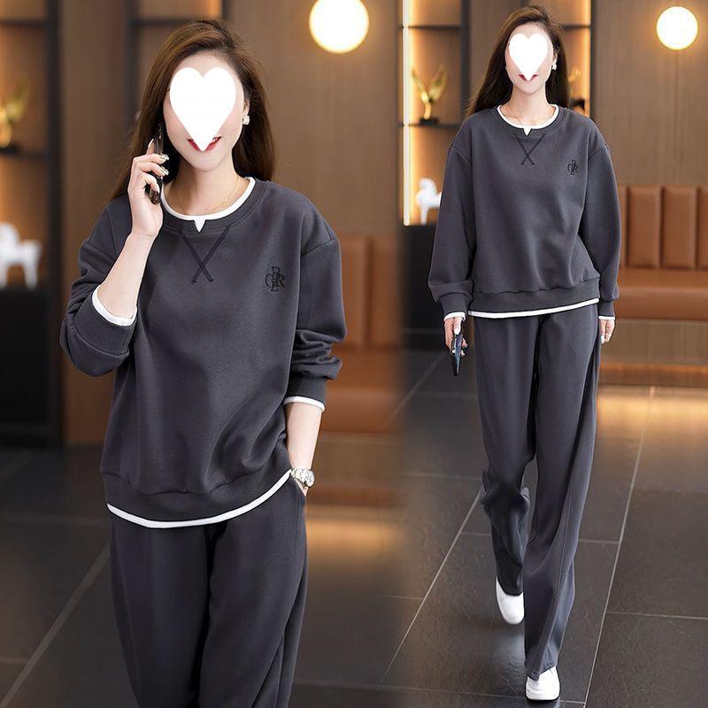 Large Size Spring and Autumn Fashion Suit, Western Casual Two-piece Sports Splicing Sweatshirt Fake Two-piece Set
