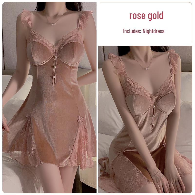Gorgeous Lace See-Through Deep V Velvet Nightgown & Robe Set with Padding - Sweet Temptation 3908