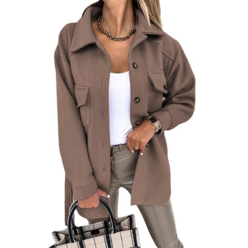 Autumn Winter Long Sleeved Cardigan Women Coats Plus Size Solid Color Casual Loose Simple Lapel Button Woolen Jackets Pockets Lace-up Women's Clothing