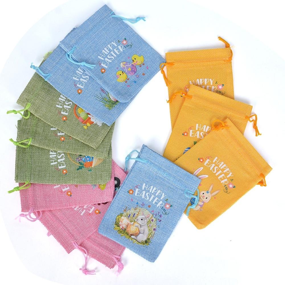 12pcs Easter Bunny Linen Gifts Drawstring Bags Happy Easter Small Drawstring Favor Pouches For Wedding Party Candy Bag