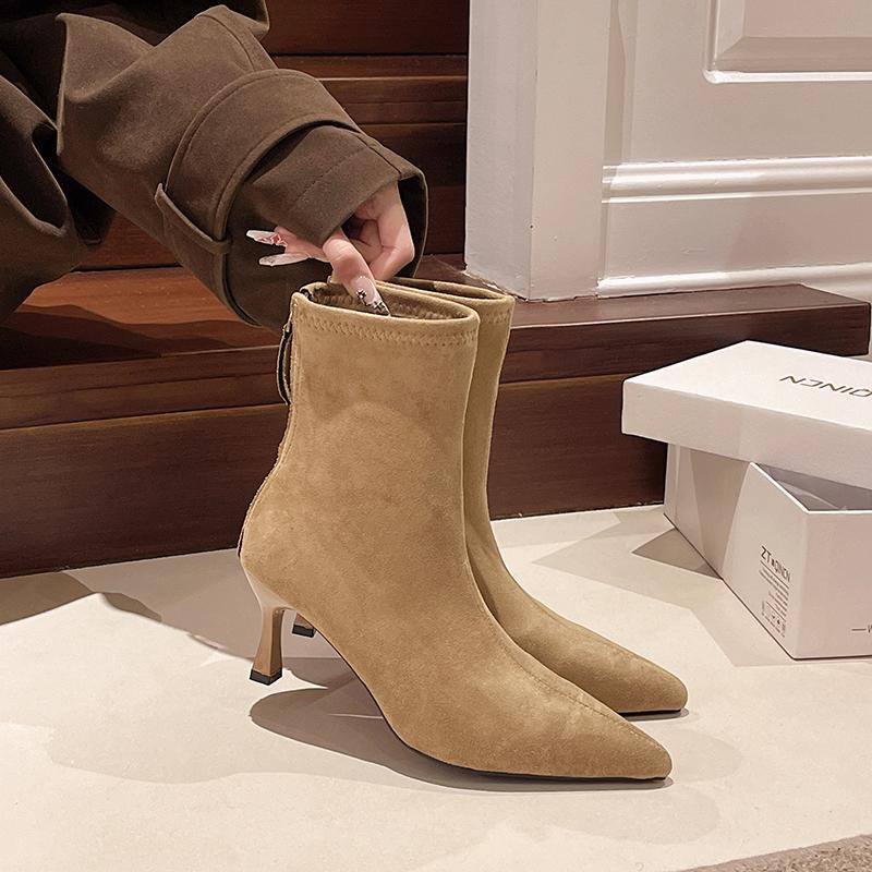 

Women s Shoes 2026 Fall/Winter New Scrub Short Cone Back Zipper and Naked Boots Fashion High Heeled Booties Plus Fleece 42