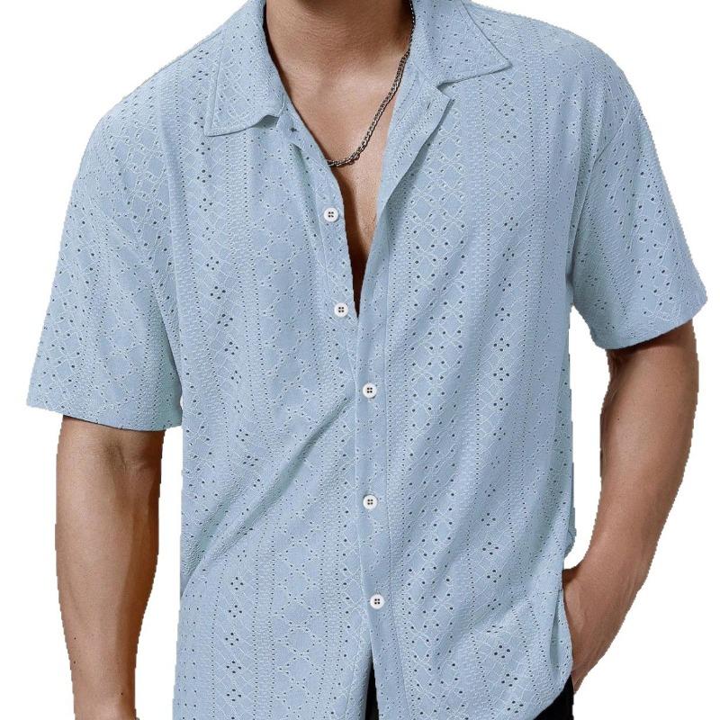 Men Notch Collar Short Sleeve Shirt Hollow Eyelet Jacquard Textured Full Button Loose Vacation Breathable Casual Blouse