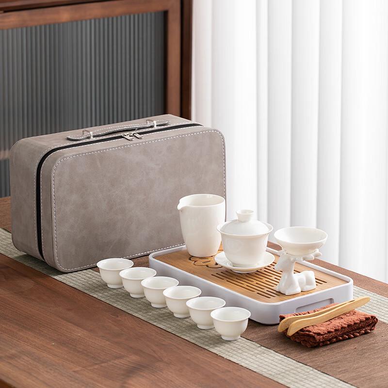 WJ Mutton-Fat Jade White Porcelain Tea Set Non-Gilded, With Tea Tray, Leather Bag