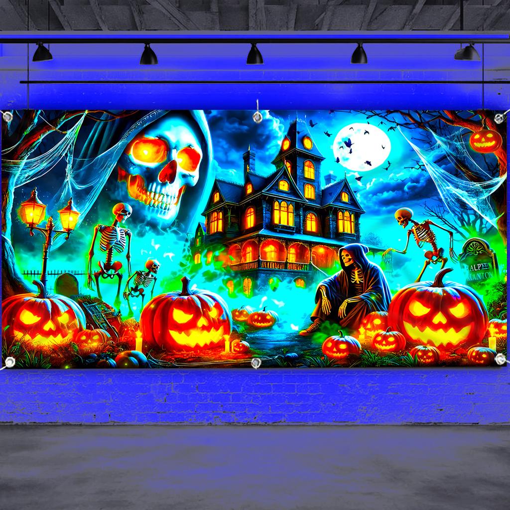 2D Door Banner 2D Flat Gothic Moonlight Skull Castle - UV Glowing Halloween Garage Door Banner