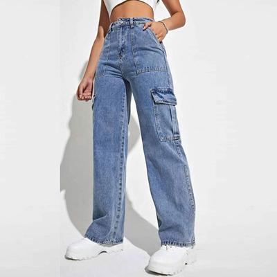 Women's European & American Style Wide-Leg Multi-Pocket Workwear Jeans for Spring and Autumn