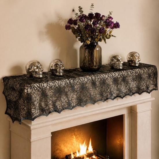 Black Lace Tablecloth Halloween Table Runner, Spider Web Runners, 17.7 x Retro Cocktail Party Decor 70.9Inch for Home Dinner Kitchen Mantel