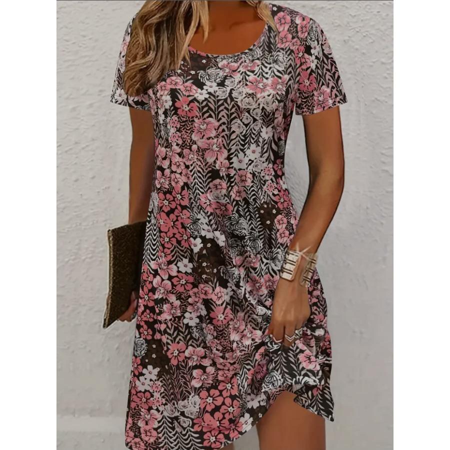 2025 New Women's Printed Casual Short Sleeve Crew Neck Pendulum Dress Women's Clothing