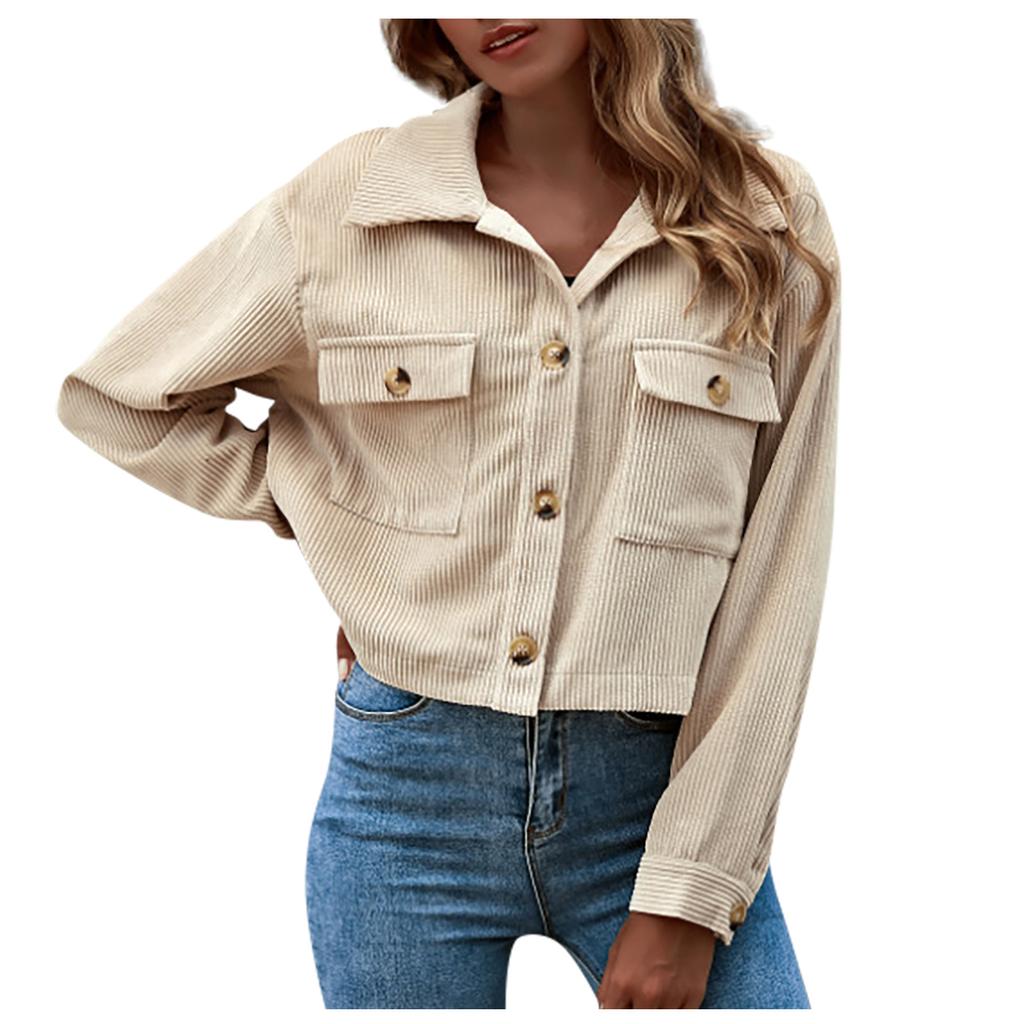 Women's Fashion Casual Corduroy Button Prokets Solid Long Sleeve Shirt Coat