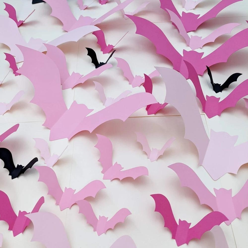 32PCS 3D Pink Bats Halloween Window Bat Stickers Wall Decal  Halloween Party Decorations