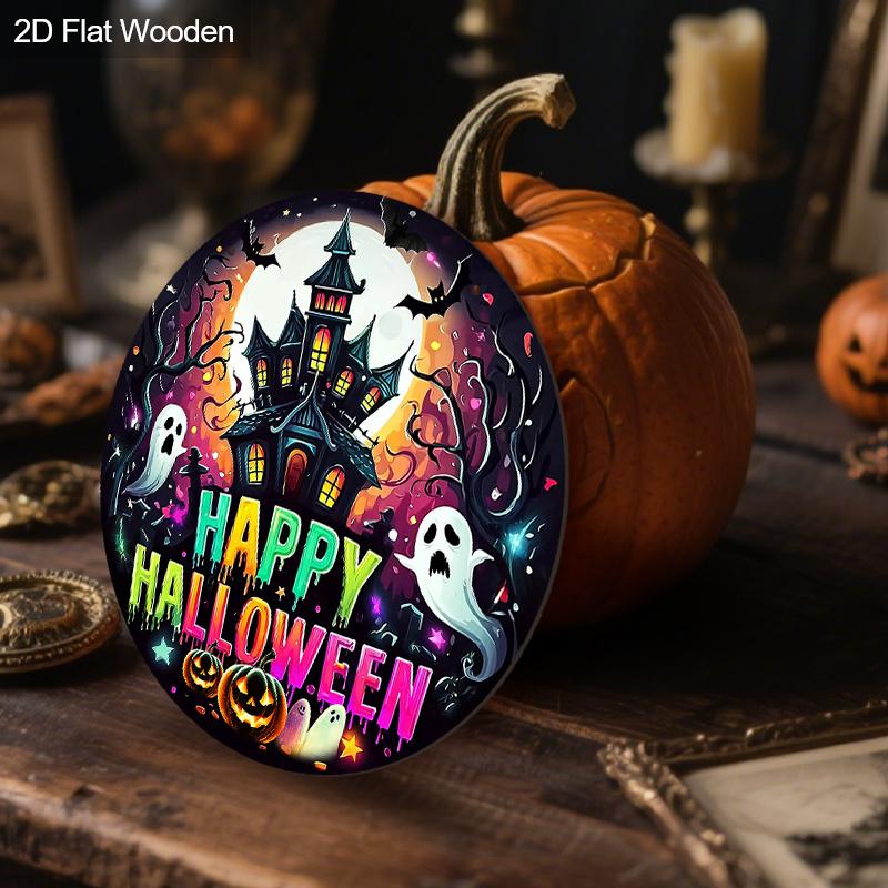 Happy Halloween Wooden Sign with Horror Castle Pattern - Figurine Ornaments with Pumpkin & Ghost Pattern - Ideal for Front Door, Yard, Porch Decor