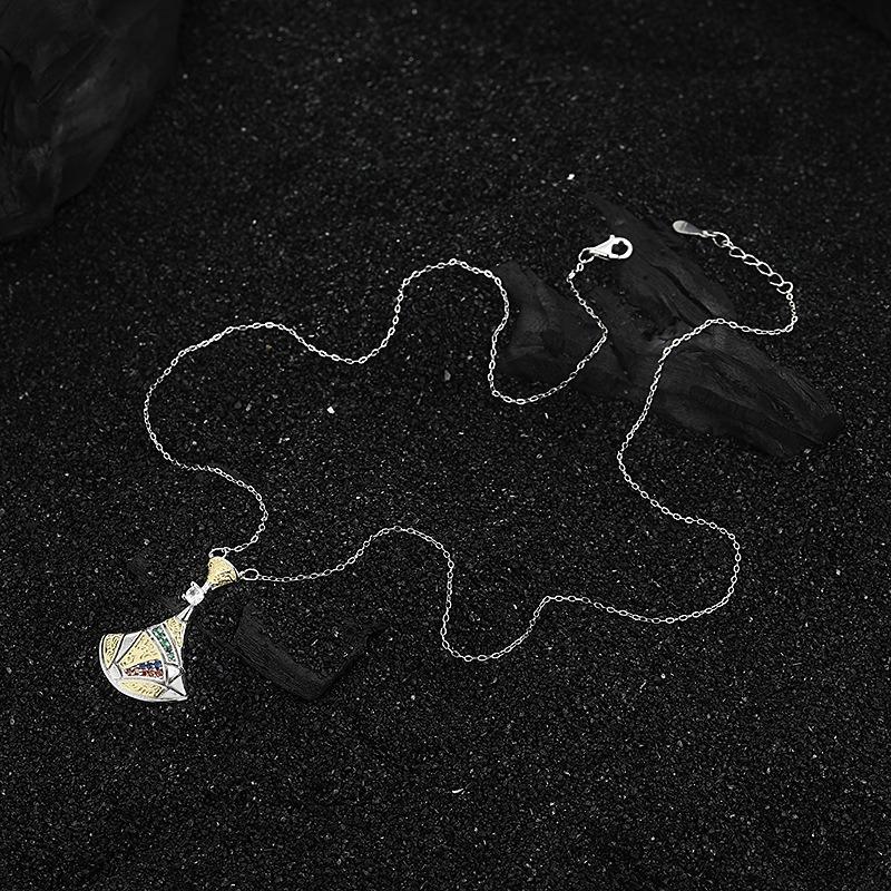 S925 Sterling Silver Fan-shaped Micro-inlaid Colored Diamond Necklace Female Retro Elegant Niche Design Cold Light Luxury Fashion High Sense