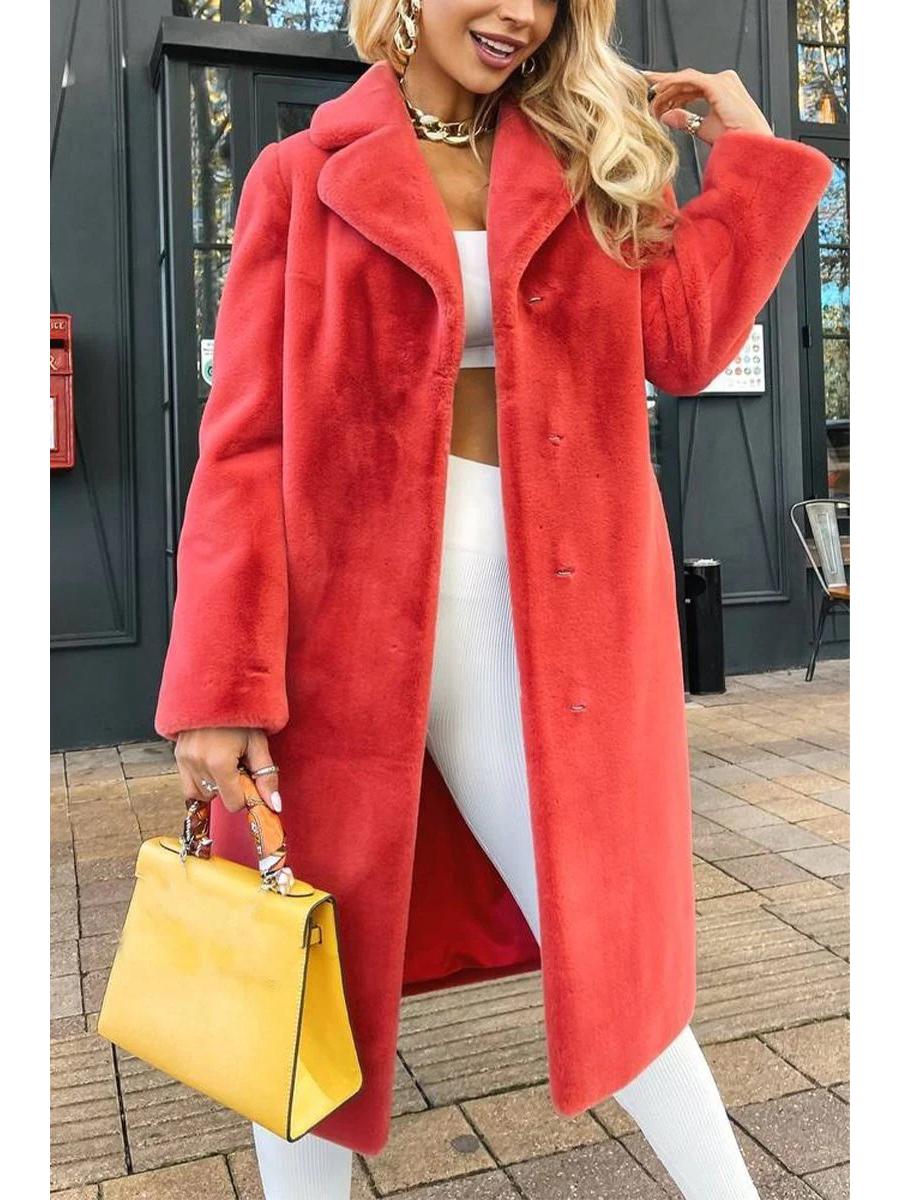 

2024 Autumn/Winter Women s Elegant Plush Long Coat with Tie-Waist & Turn-Down Collar, Model 3046 L червоний