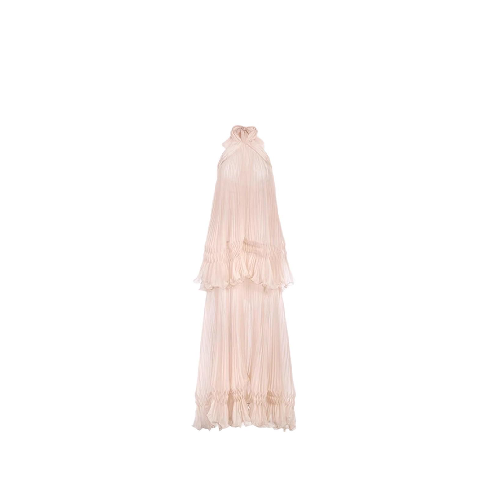 Elegant French Backless Pleated Halter Dress with Tie Straps S
