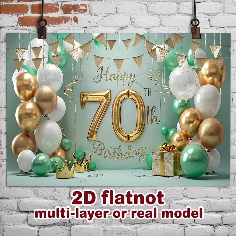 2D Neutral 70th Birthday Backdrop, Mint Green & Gold Balloon Decor Banner