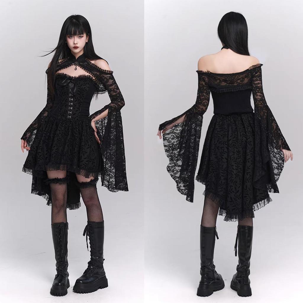 AOTYP Halloween Costume Lace Top and Fishnet A sickly cute dress perfect for and Perfect for parties and Size Women's 3-Piece Set Tights. witches,