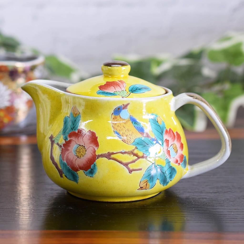 Waza no Kura: Stylish Japanese Kutani ware teapot with Yoshidaya camellia and bird design, including tea strainer. A premium ceramics brand, made in
