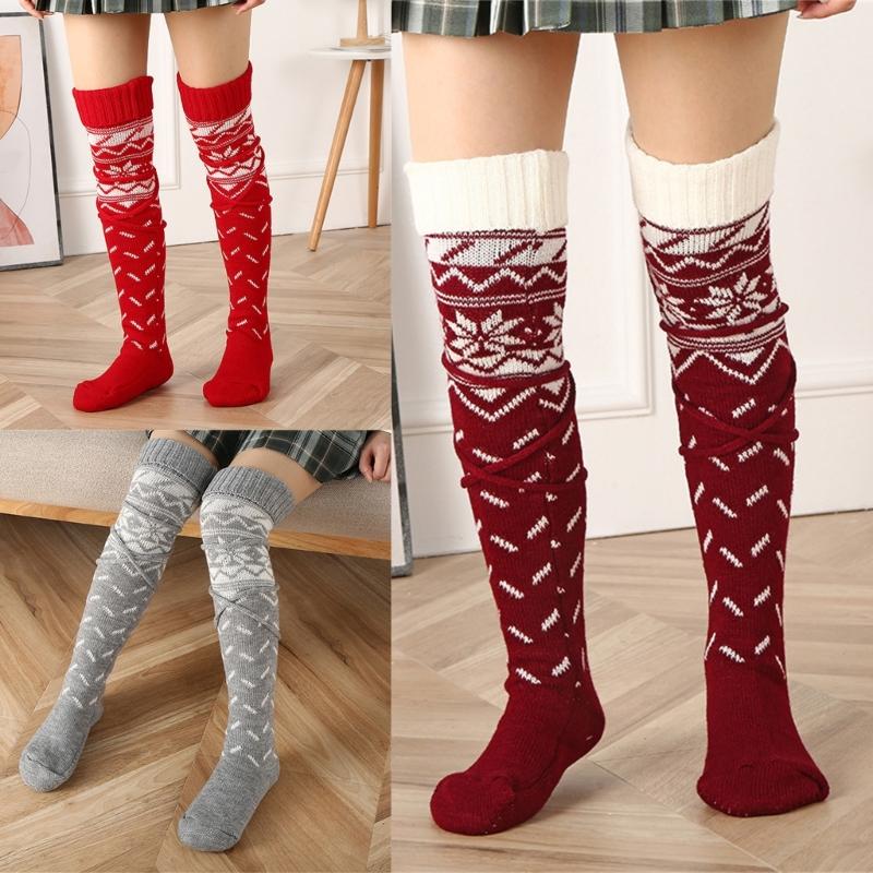 Womens Christmas Knitted Thigh High Socks with Strappy Ties Snowflake Print Over Knee Boot Stockings Winter Leg Warmers