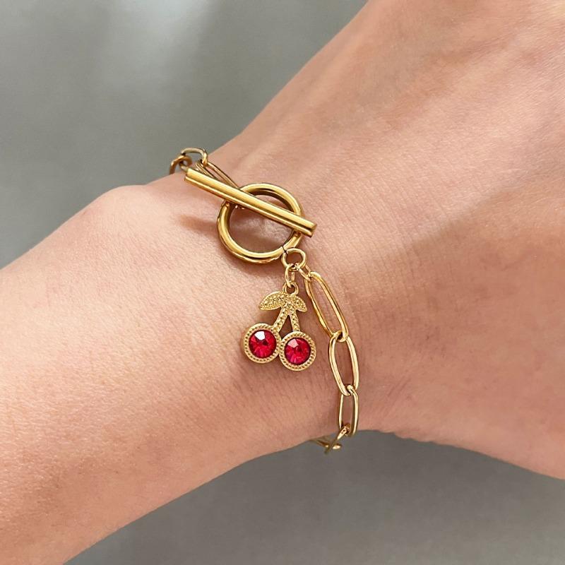 Gold Cherry Charm Paperclip Chain Toggle Bracelet – CZ Crystal OT Clasp Jewelry, Sweet Gift for Women