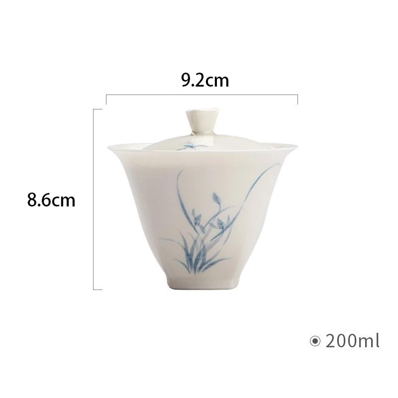 Porcelain Hand-painted Orchid Gaiwan Cover Bowl White and Blue Ceramic Tea Making Bowl Chinese Style Simple Tea Cup