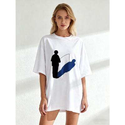 Oversized T Shirt Black Silhouette And Blue Shadow Print Casual Wear For Women Summer Outfits Street Style Fashion Top