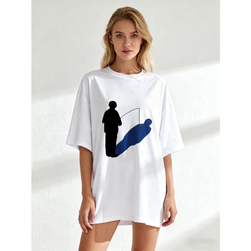 

Oversized T Shirt Black Silhouette And Blue Shadow Print Casual Wear For Women Summer Outfits Street Style Fashion Top XXXXL